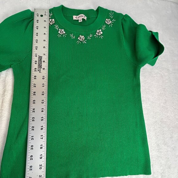Nanette Lepore Womens Ribbed Embellished Sweater Size Large Green Short Sleeve - Picture 7 of 8